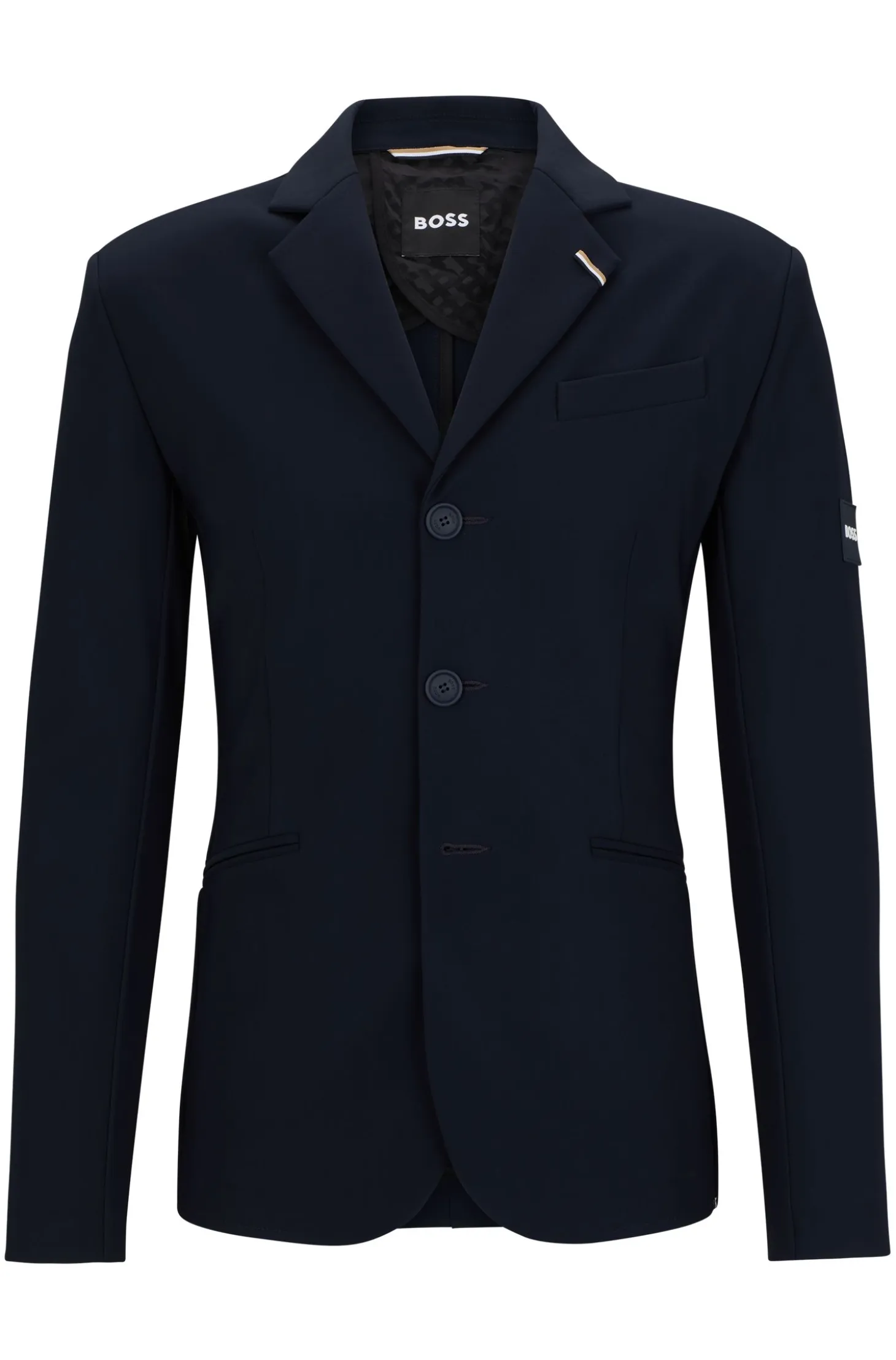 Equestrian show jacket with logo patch and signature stripe