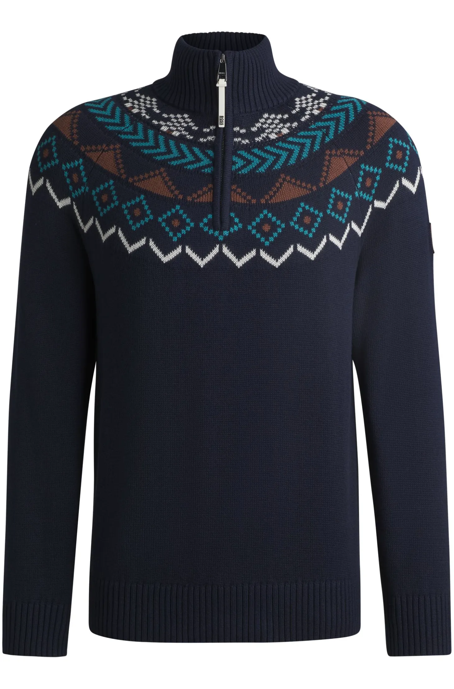 Equestrian troyer sweater with knitted pattern