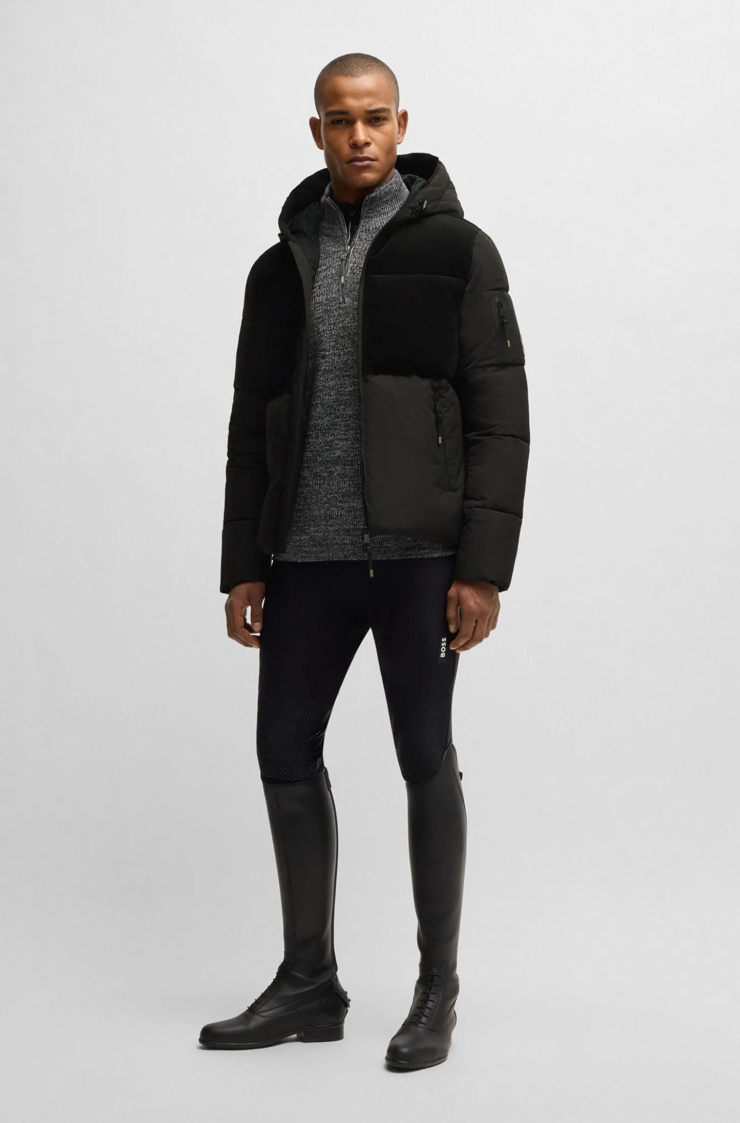 Equestrian waterproof jacket with corduroy details