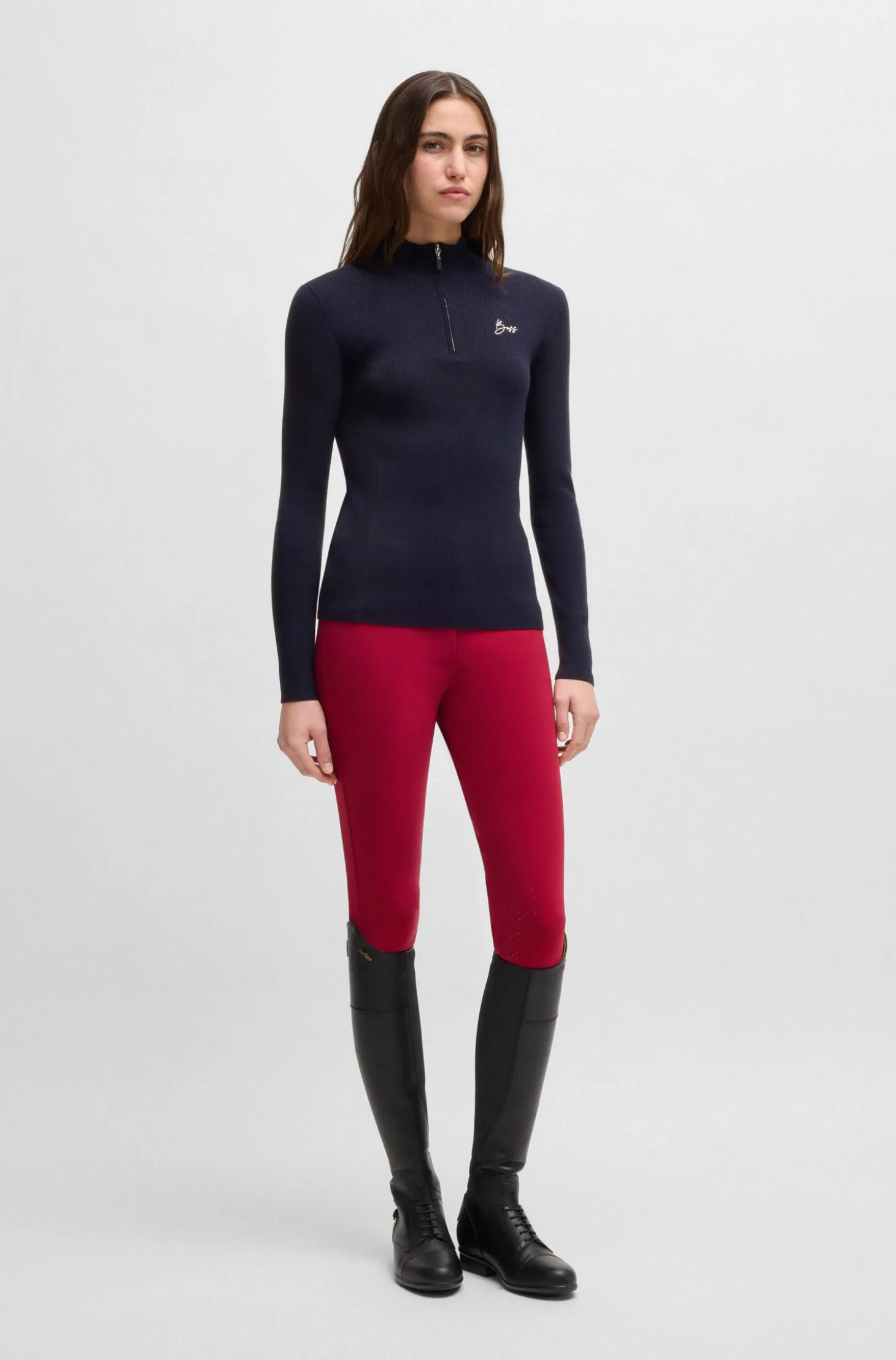 Equestrian zip-neck sweater with ribbed structure