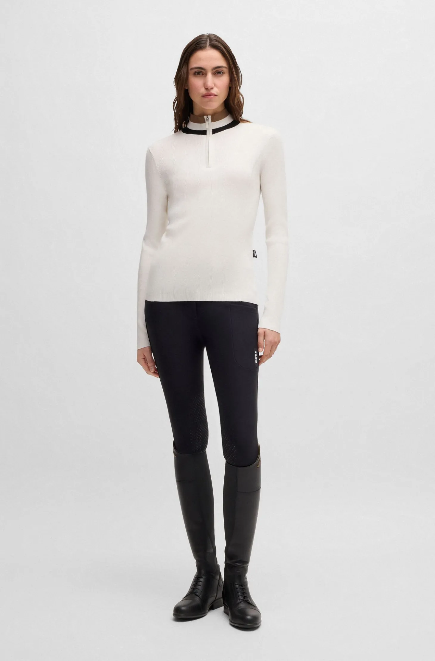 Equestrian zip-neck sweater with ribbed structure