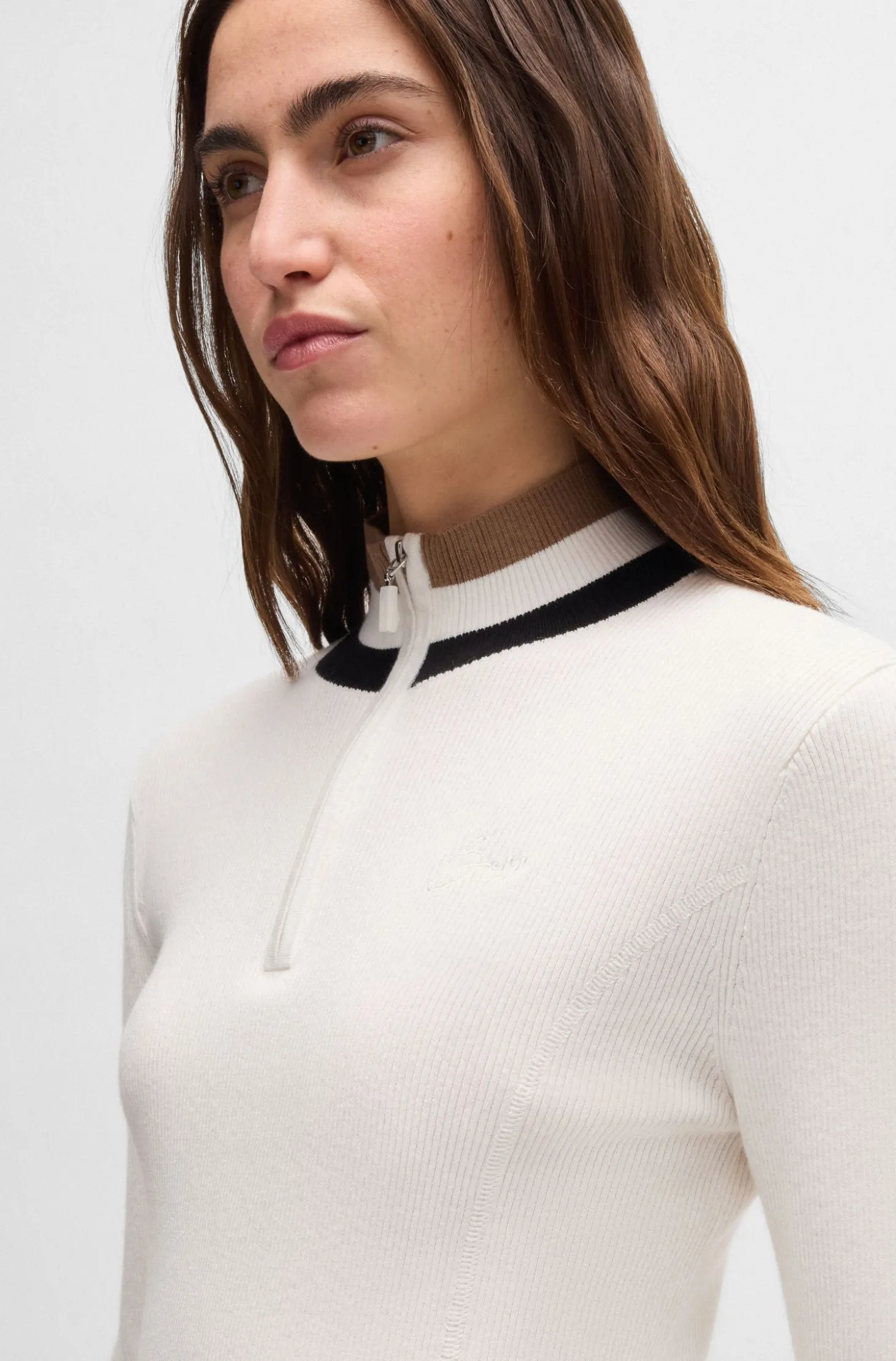 Equestrian zip-neck sweater with ribbed structure