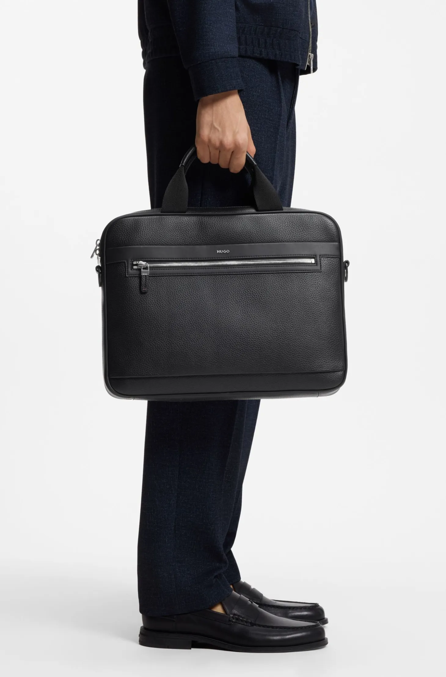 Faux-leather briefcase with logo lettering and detachable strap
