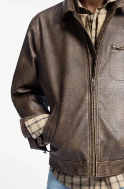 Faux-leather jacket with cross-shaped zip-puller