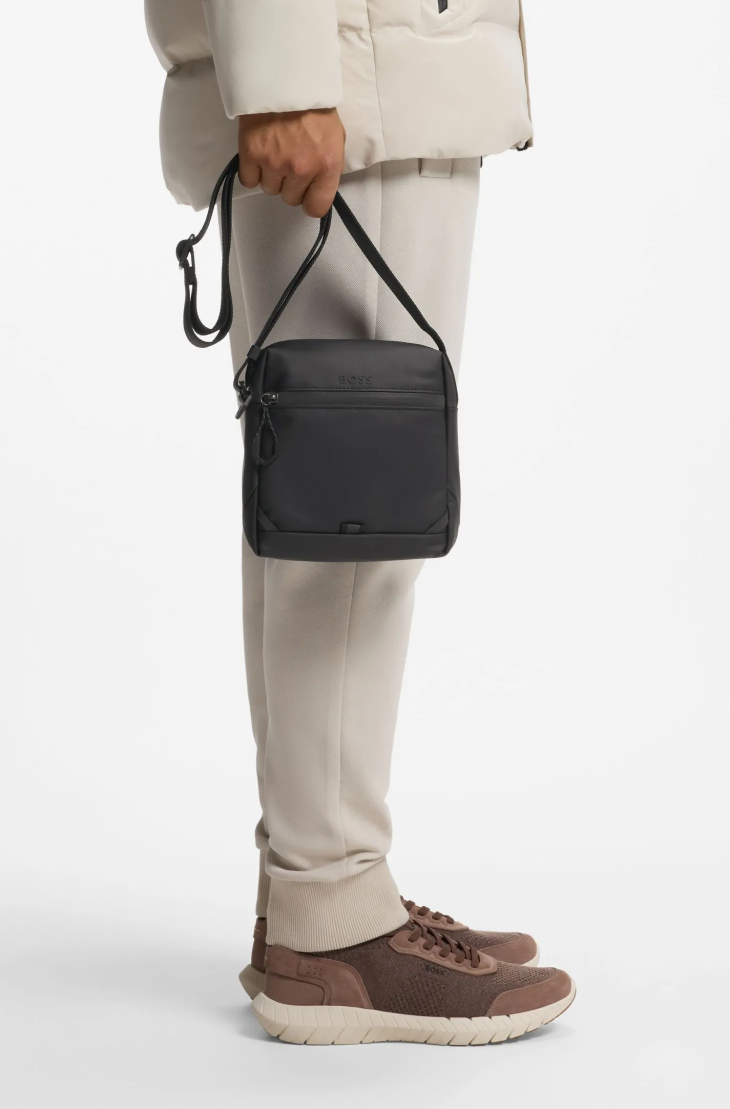 Faux-leather reporter bag with reflective details