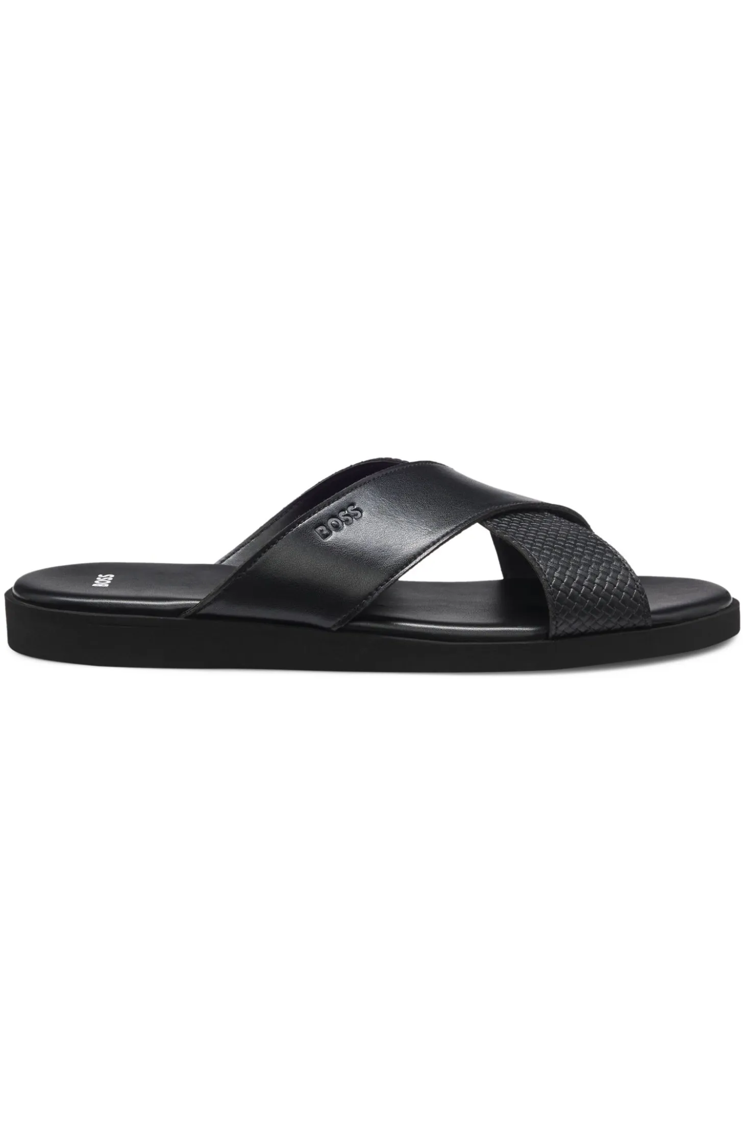 Faux-leather slides with plain and patterned straps