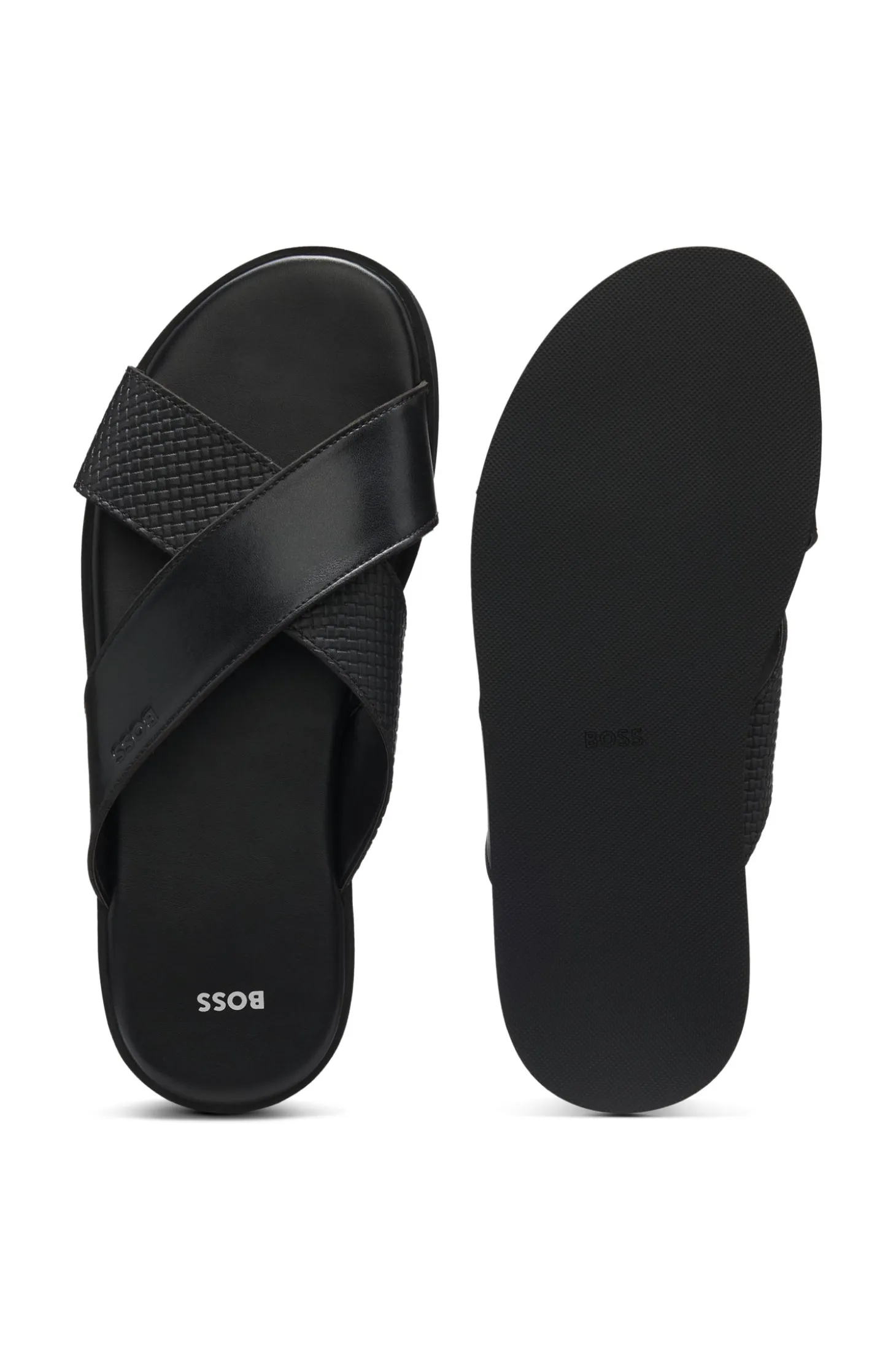Faux-leather slides with plain and patterned straps