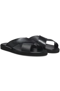 Faux-leather slides with plain and patterned straps