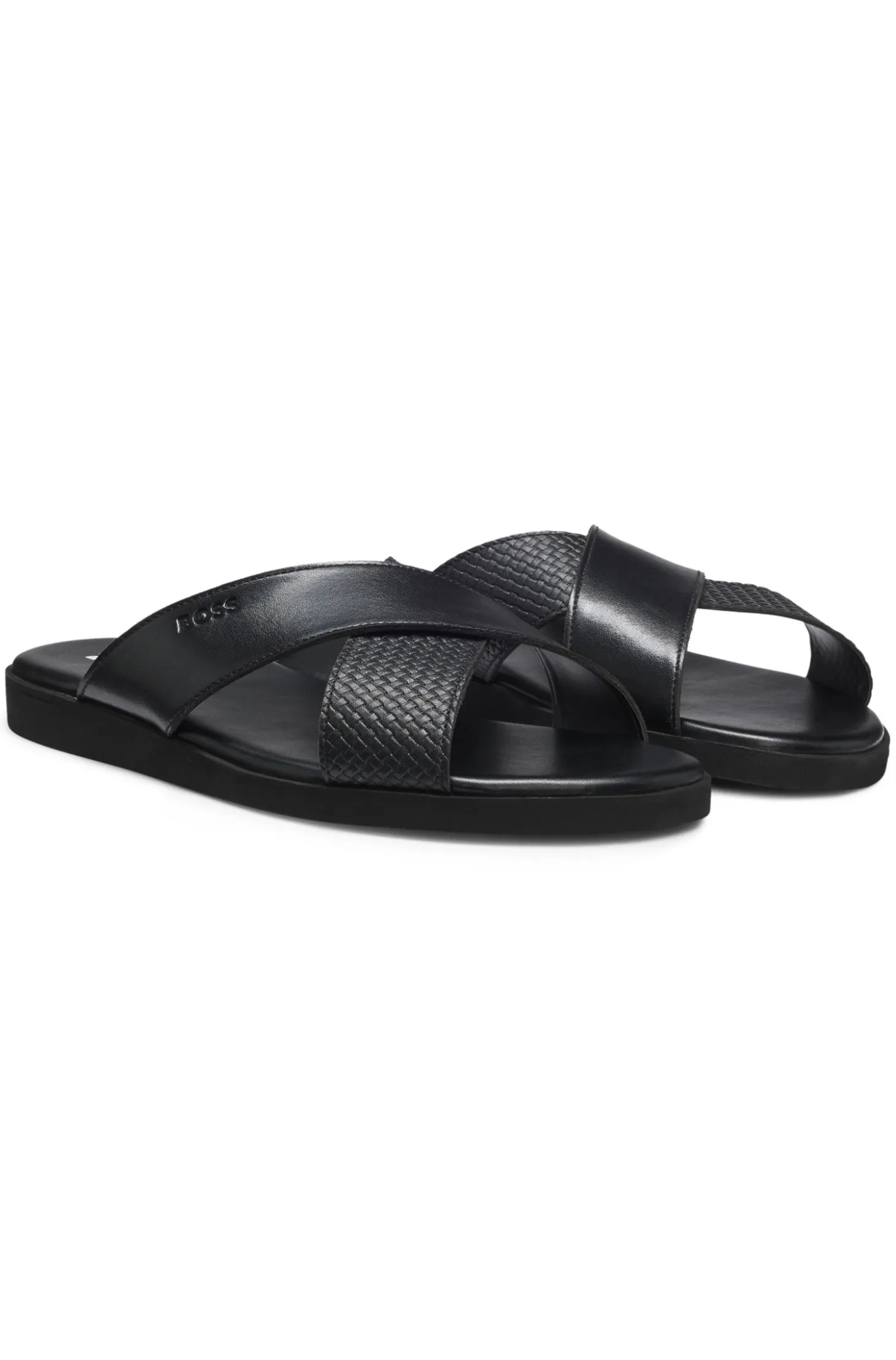 Faux-leather slides with plain and patterned straps