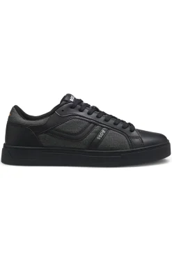 Faux-leather trainers with denim-look trims
