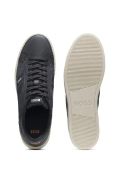 Faux-leather trainers with denim-look trims