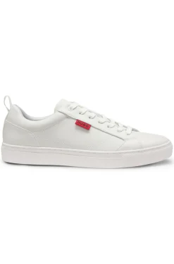 Faux-leather trainers with red logo flag