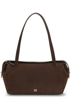Faux-suede handbag with metallic stacked logo