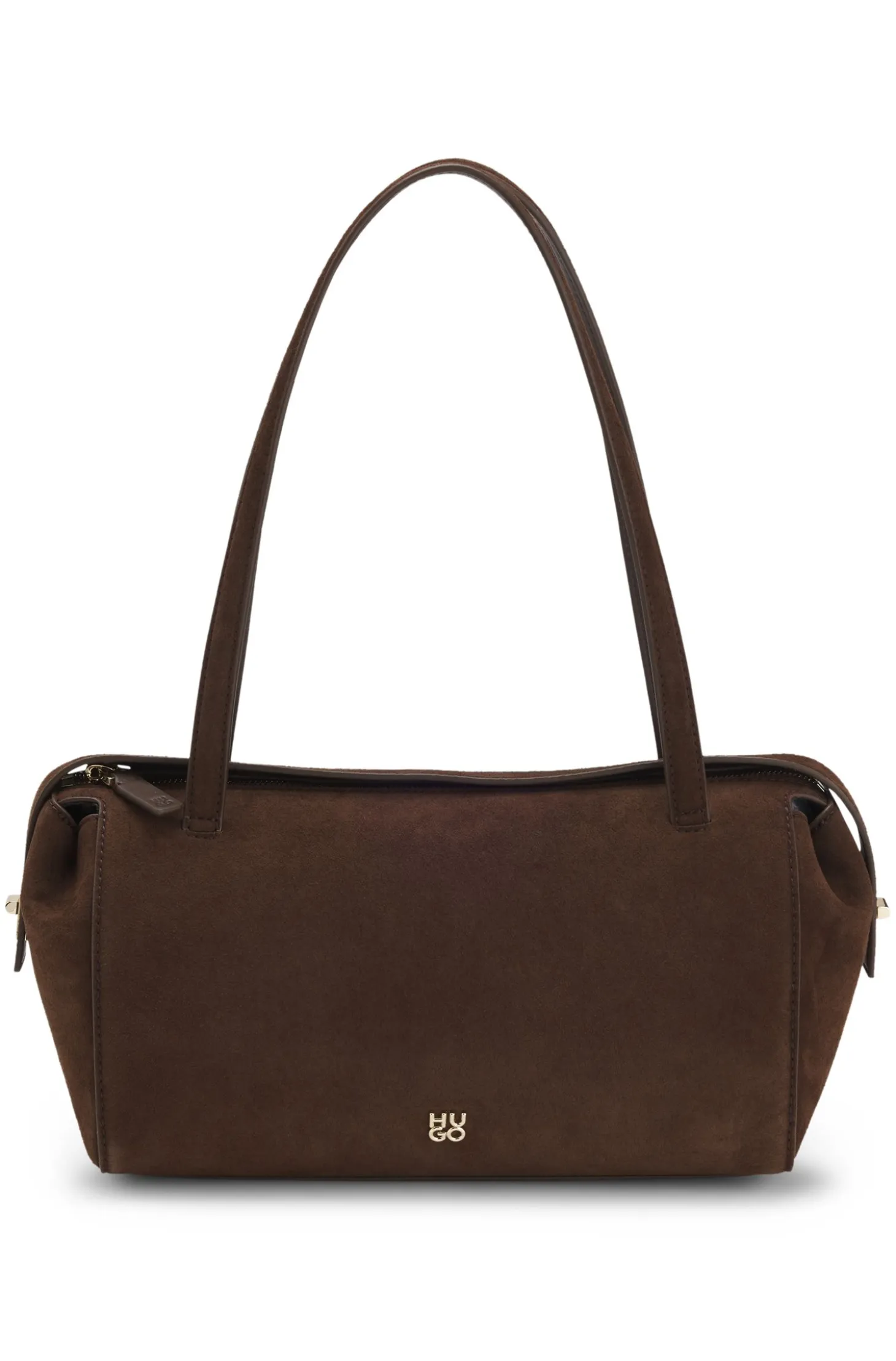 Faux-suede handbag with metallic stacked logo