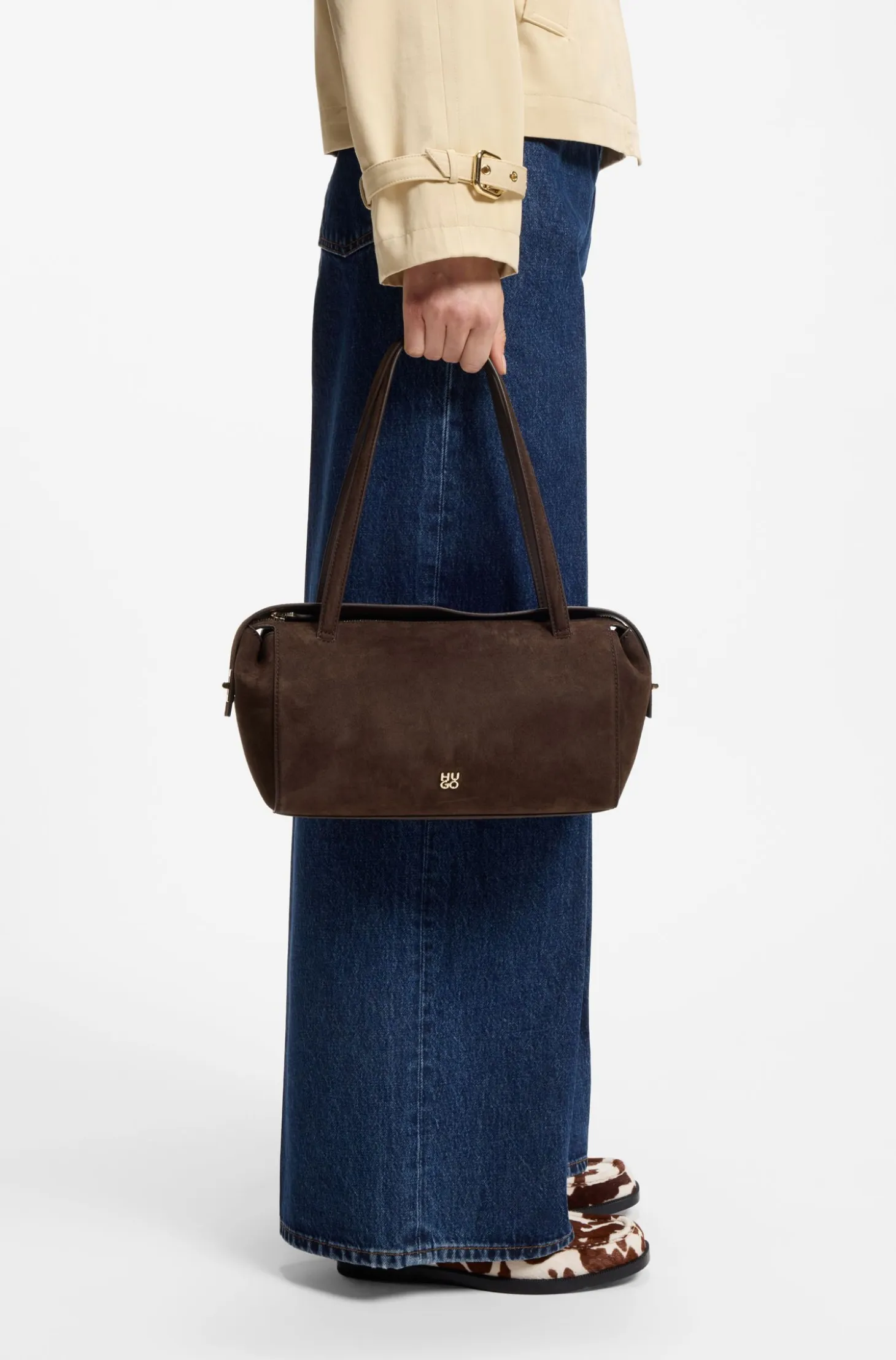 Faux-suede handbag with metallic stacked logo
