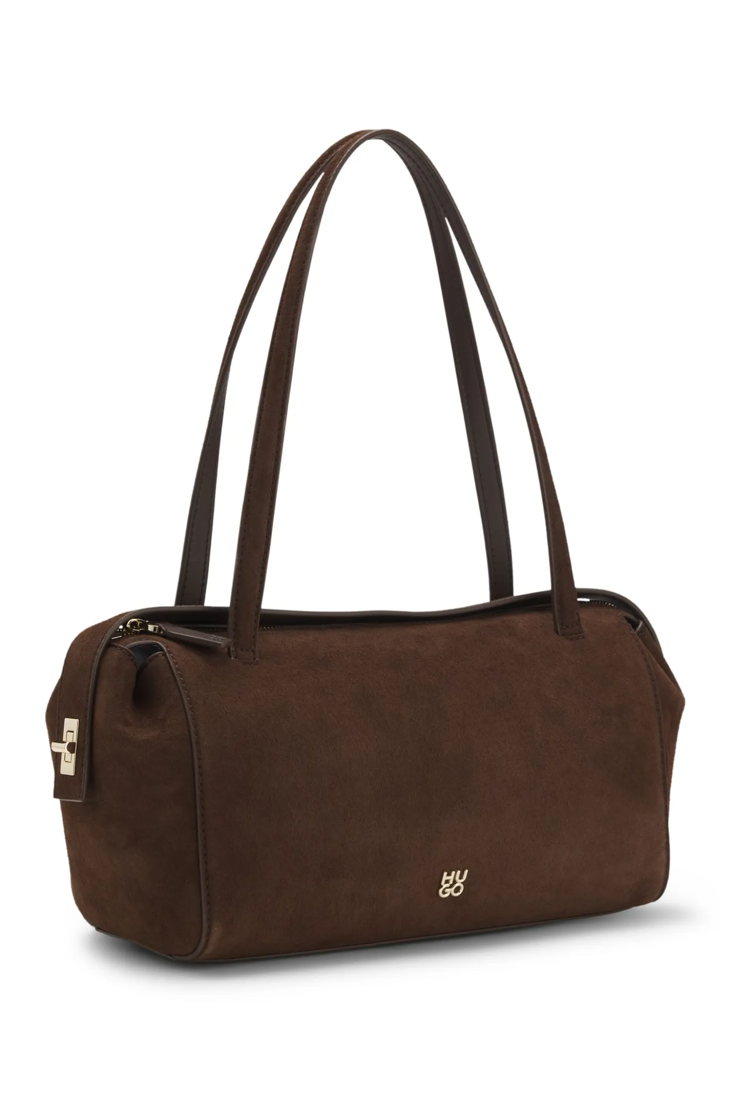 Faux-suede handbag with metallic stacked logo