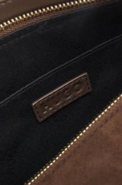 Faux-suede handbag with metallic stacked logo