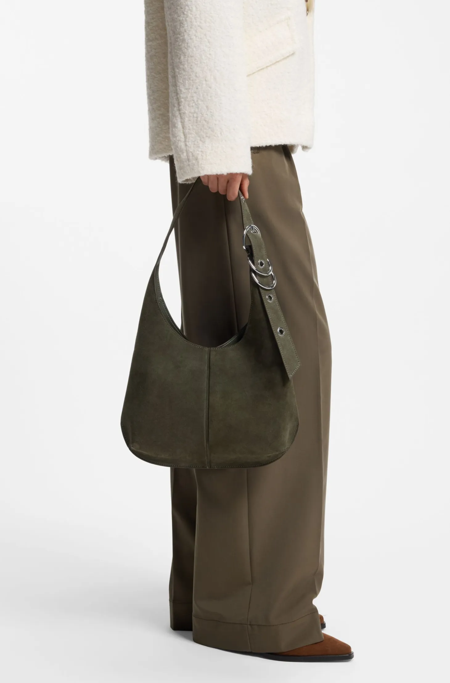 Faux-suede hobo bag with hardware trims