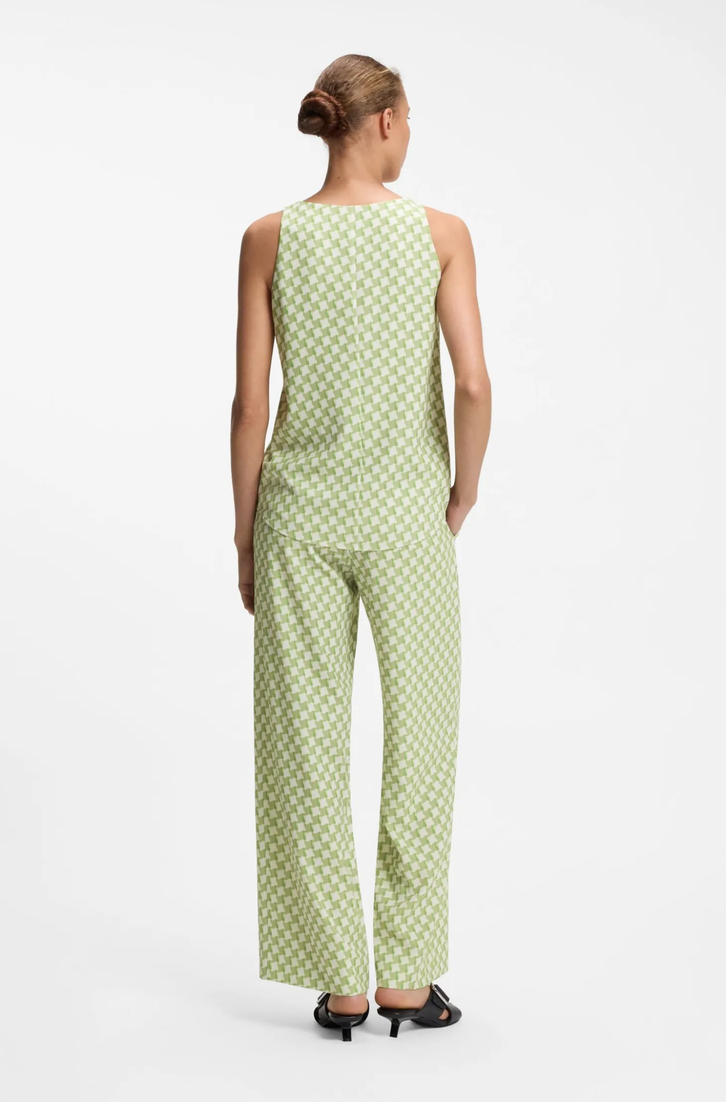 Geometric-print sleeveless top with sequins