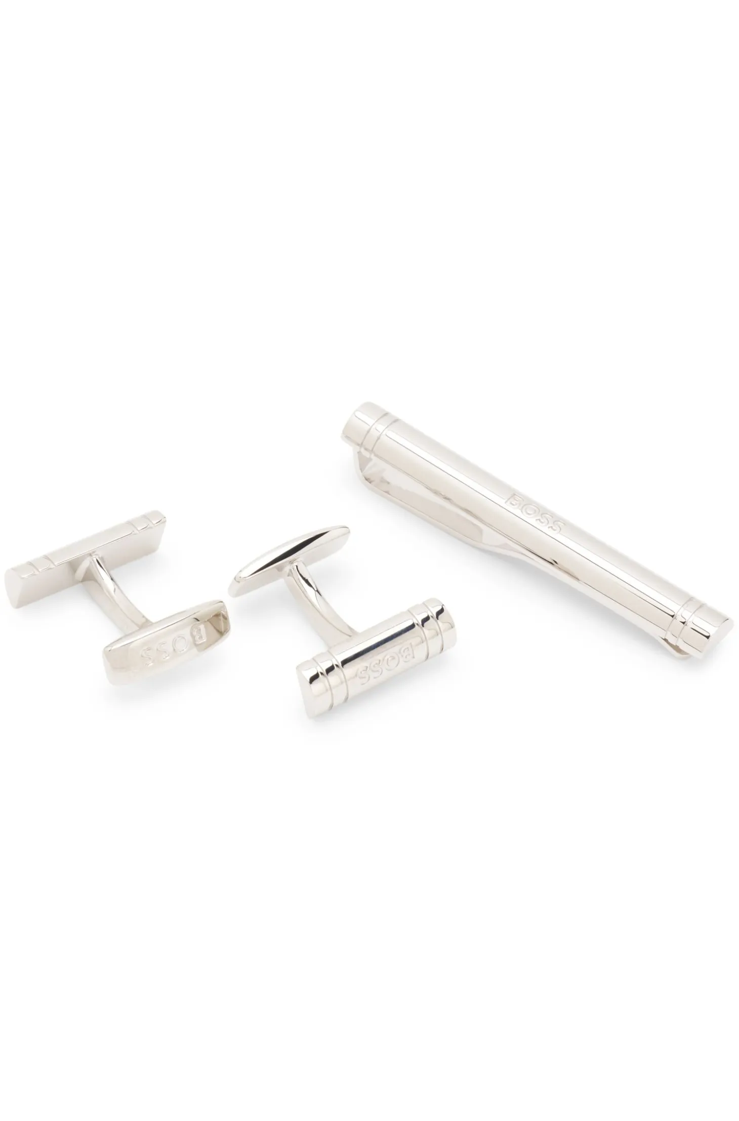 Gift-boxed brass cufflinks and tie bar set