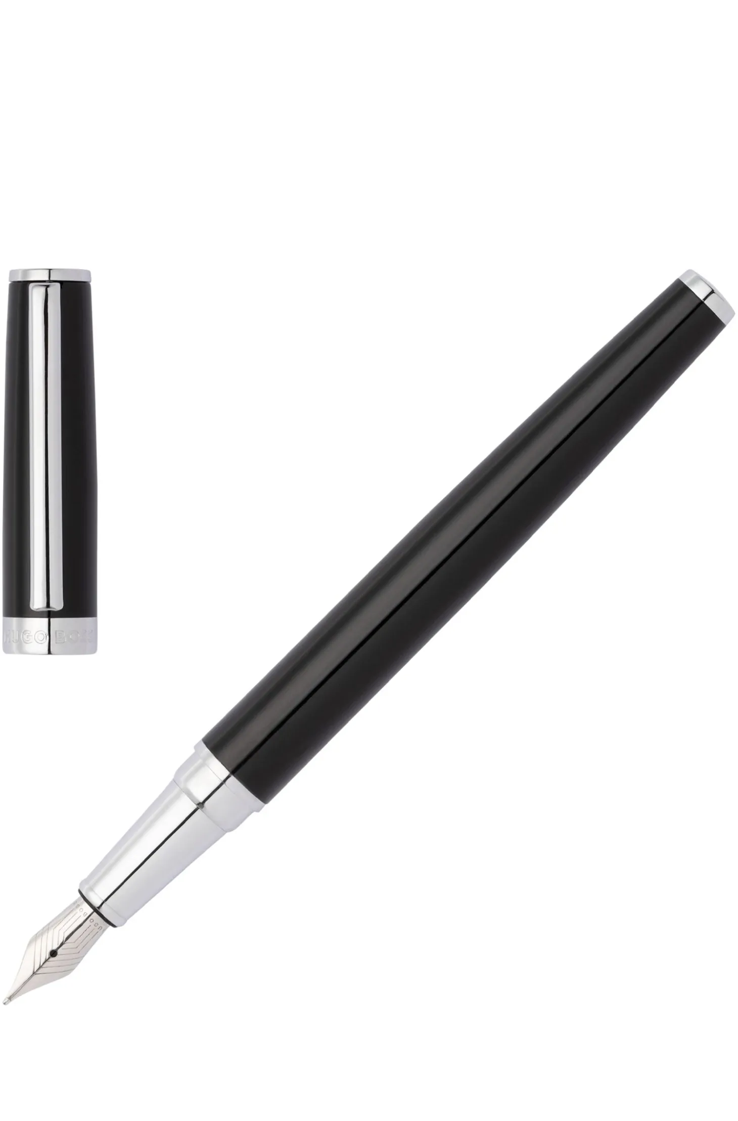 Glossy-black lacquer fountain pen with logo ring