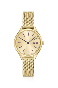 #Glossy light-gold-tone steel watch with crystal markers