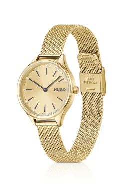 #Glossy light-gold-tone steel watch with crystal markers