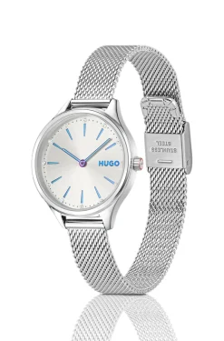 #Glossy stainless-steel watch with crystal markers