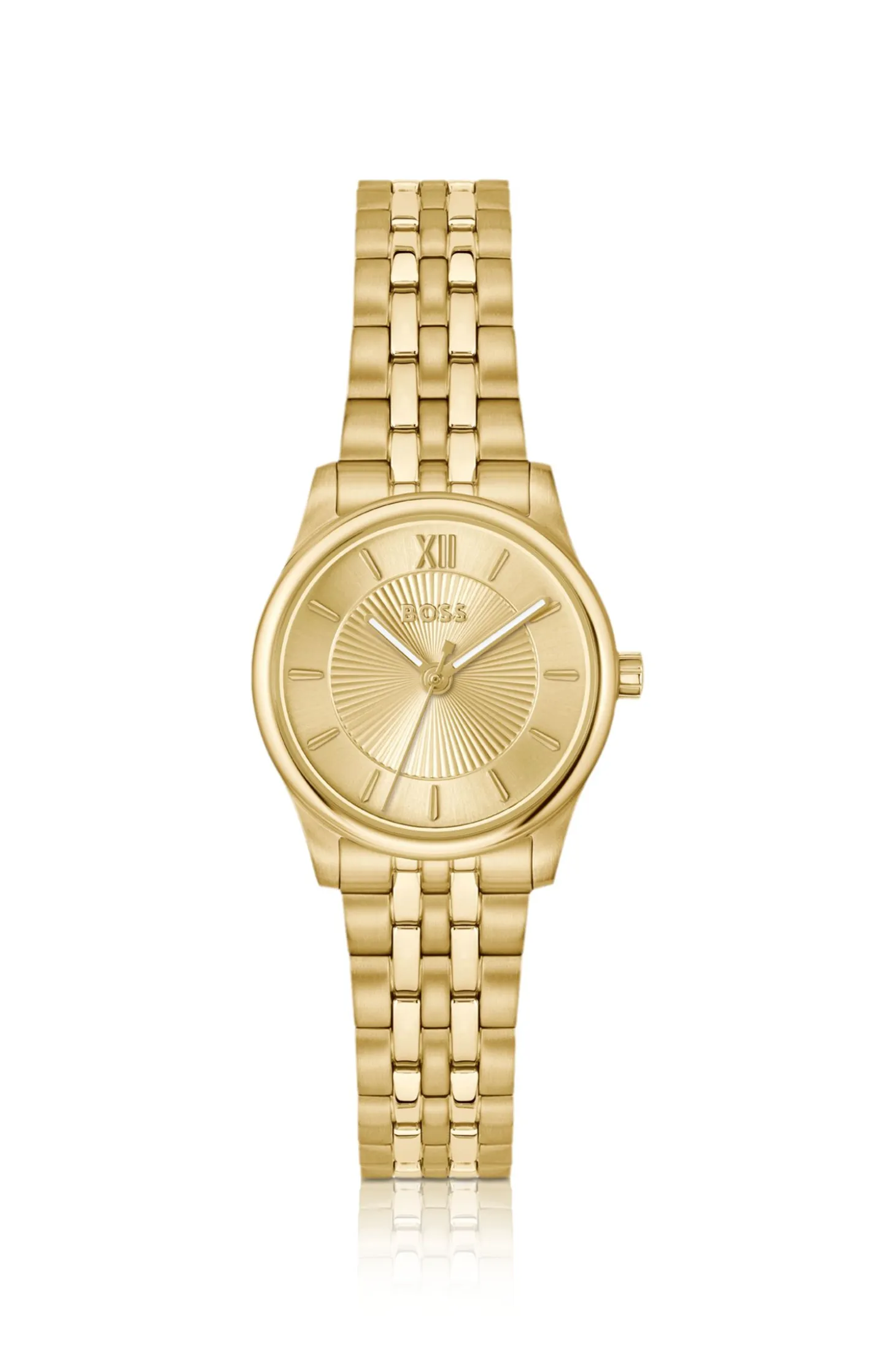 Graceful gold-tone watch with sunburst-patterned dial