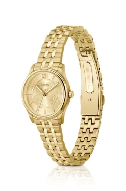 Graceful gold-tone watch with sunburst-patterned dial