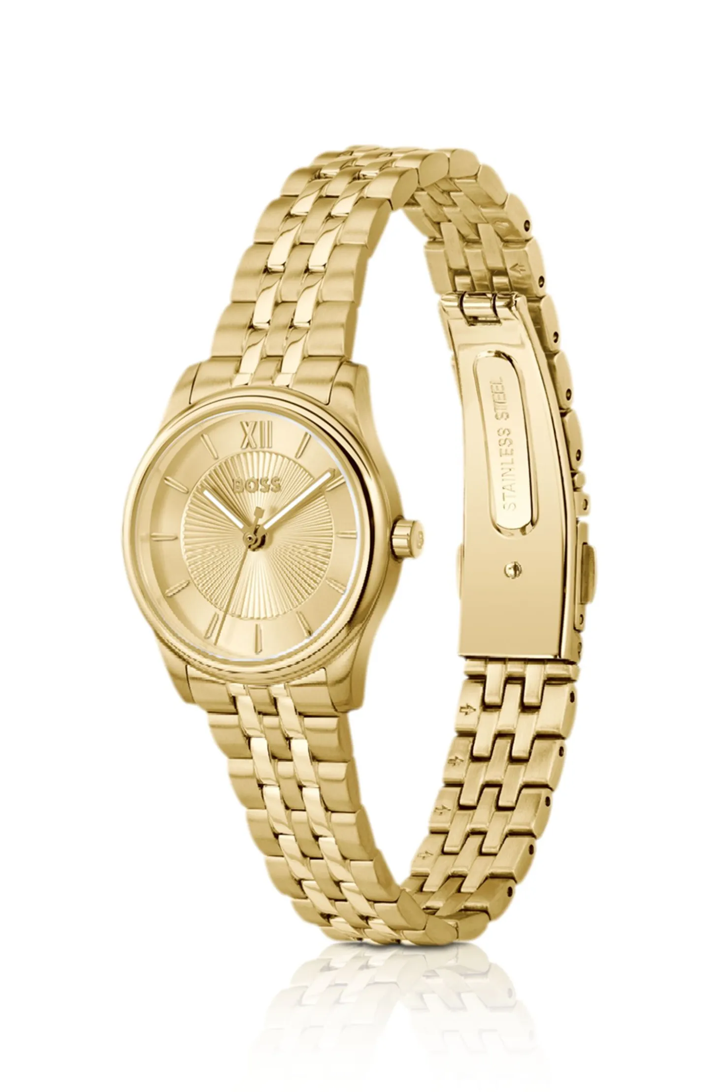 Graceful gold-tone watch with sunburst-patterned dial