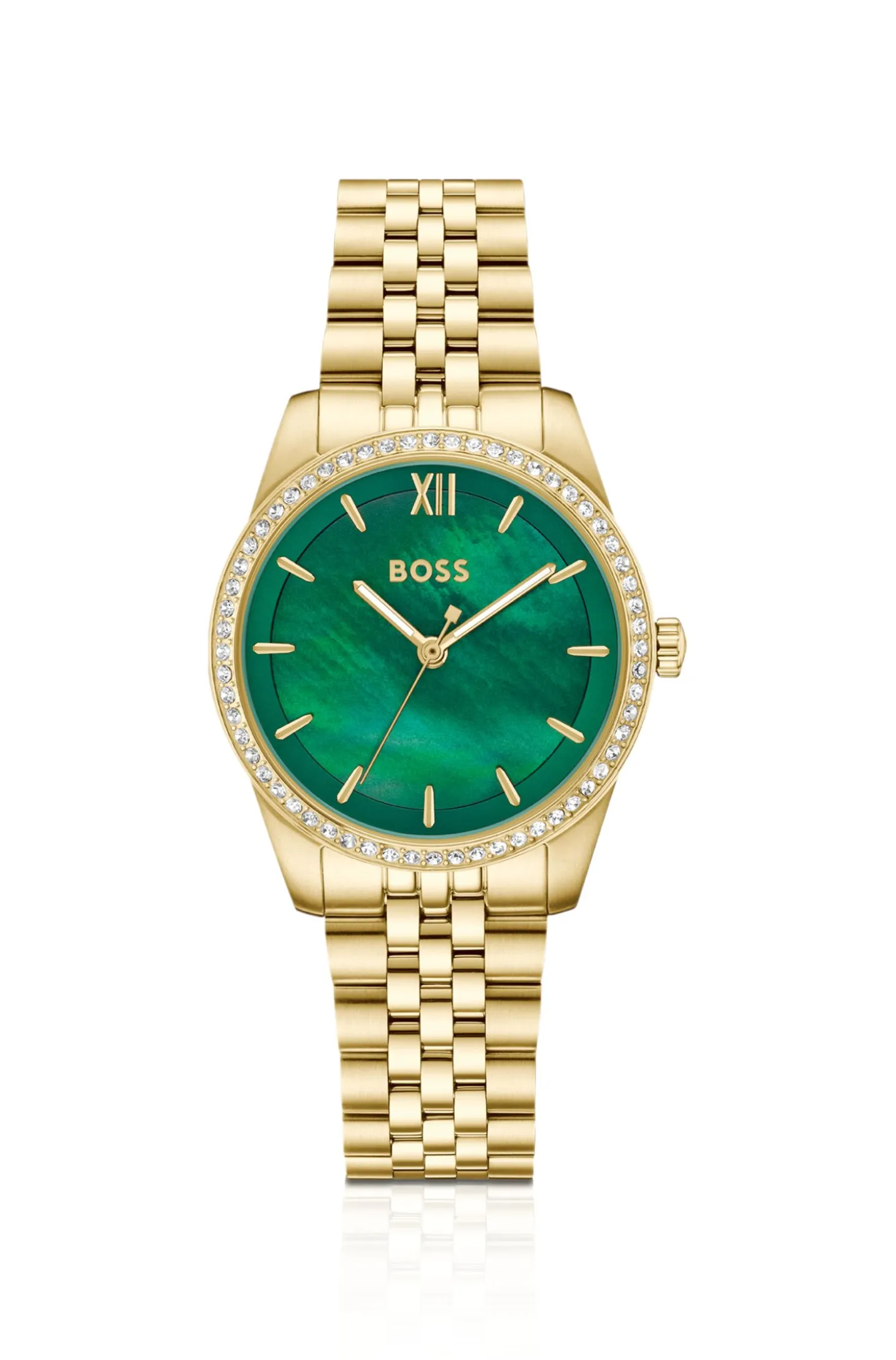 Graceful green-dial watch with crystal-set bezel