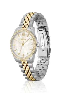 Graceful two-tone watch with crystal-set bezel