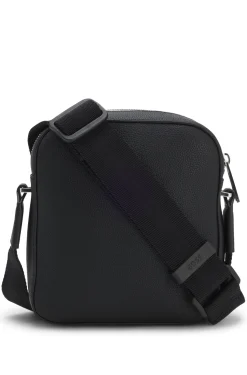 Grained faux-leather reporter bag with signature-stripe trim