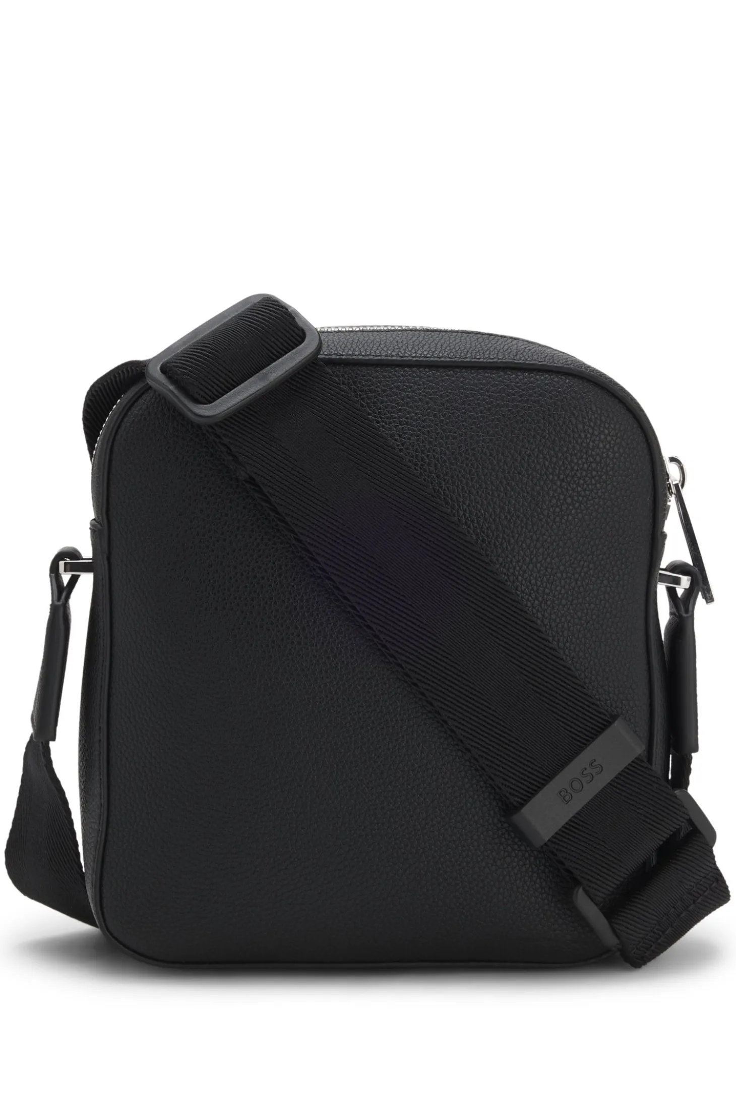 Grained faux-leather reporter bag with signature-stripe trim
