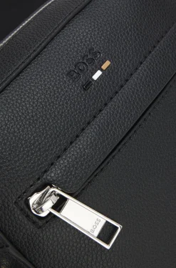 Grained faux-leather reporter bag with signature-stripe trim