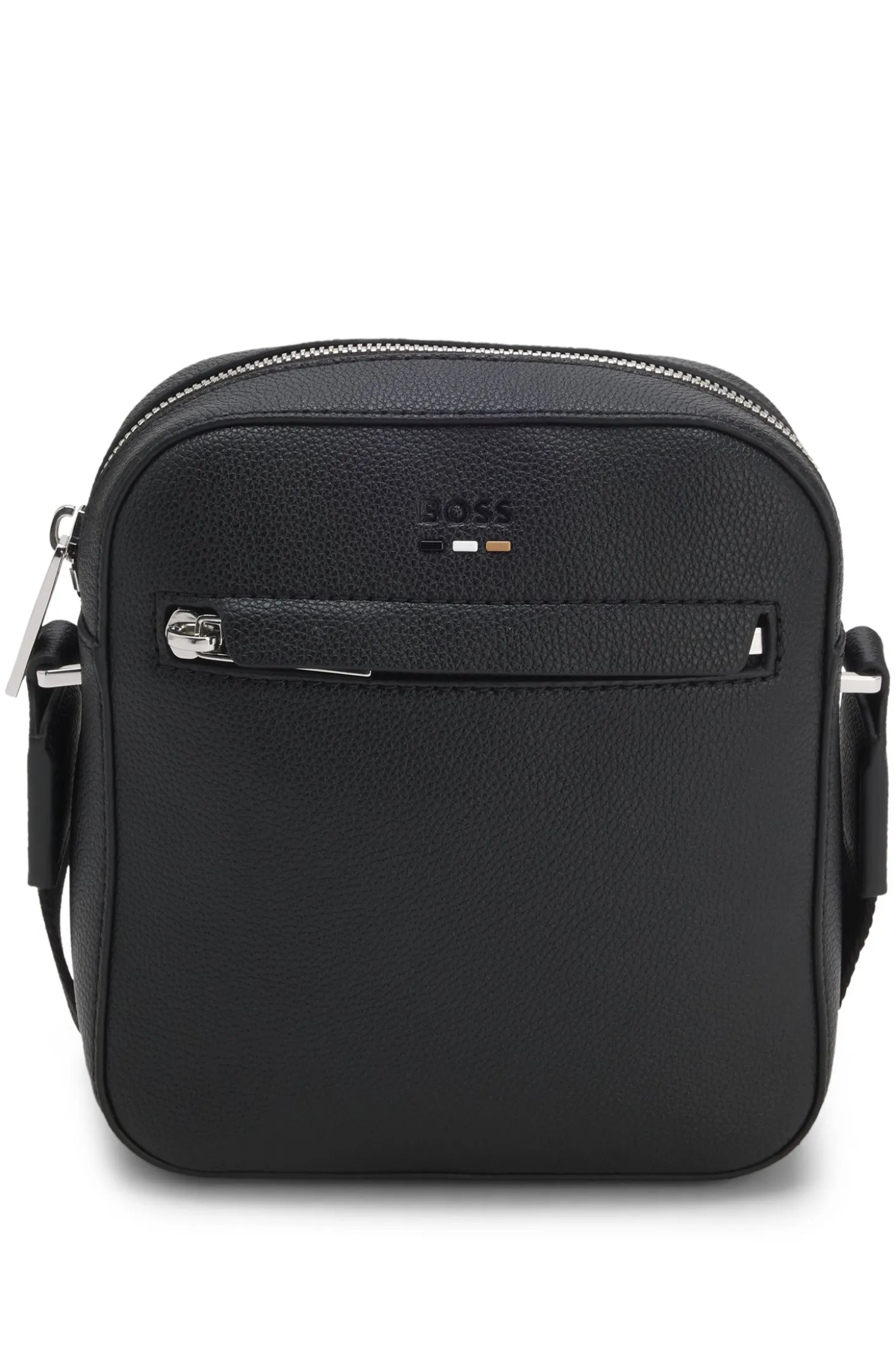 Grained faux-leather reporter bag with signature-stripe trim
