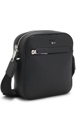 Grained faux-leather reporter bag with signature-stripe trim