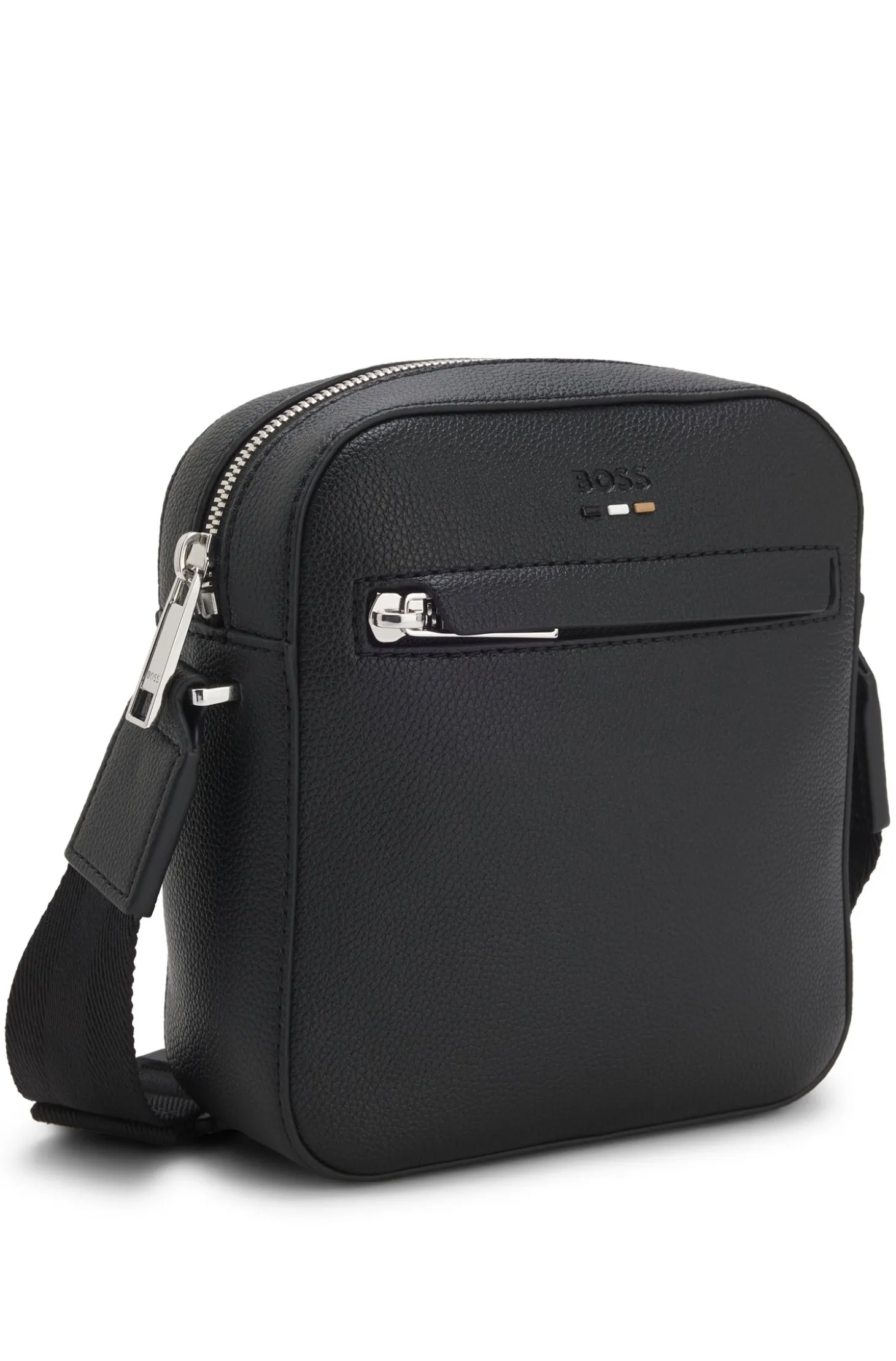 Grained faux-leather reporter bag with signature-stripe trim