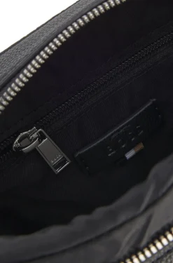Grained faux-leather reporter bag with signature-stripe trim