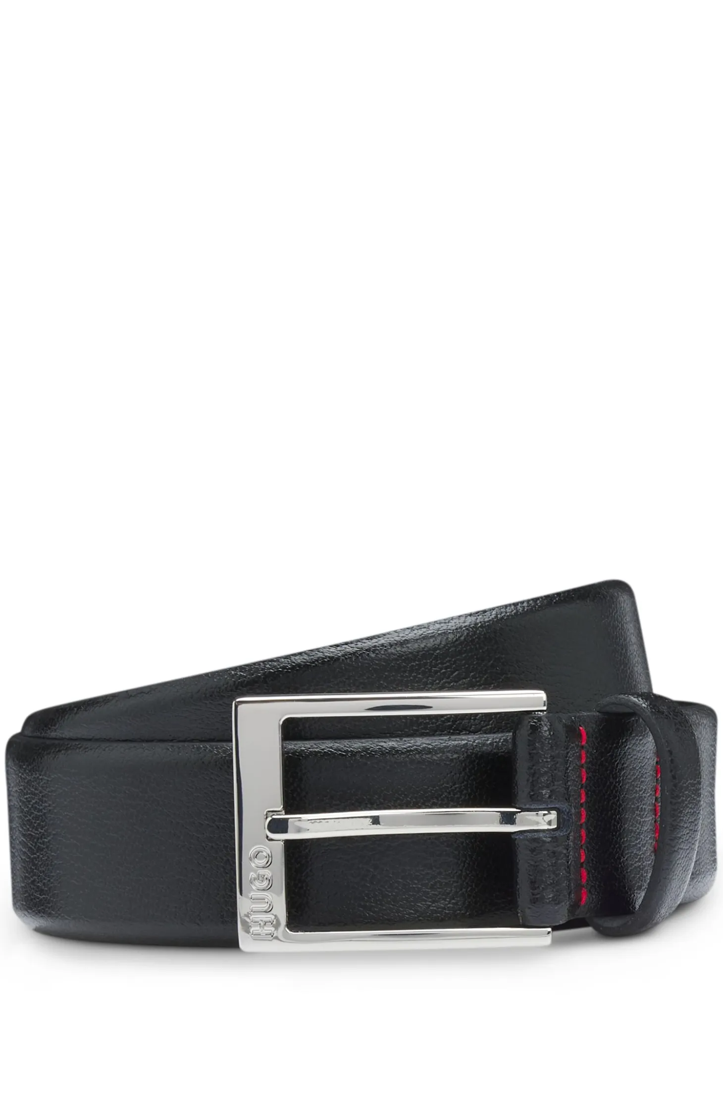 Grained-leather belt with silver-tone hardware
