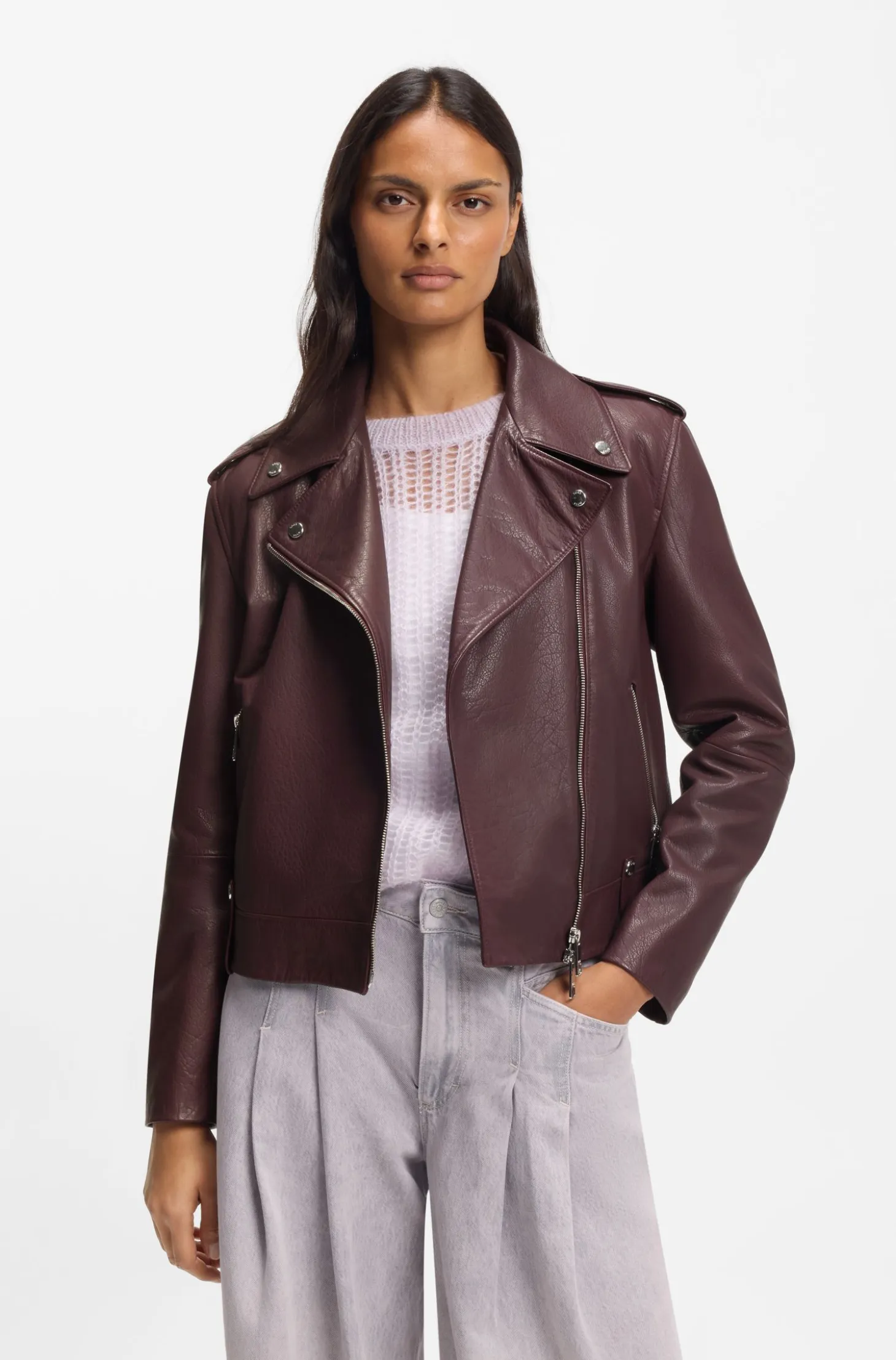 Grained-leather biker jacket with zips and studs