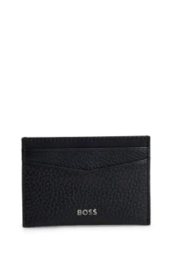 Grained-leather card holder with metal logo