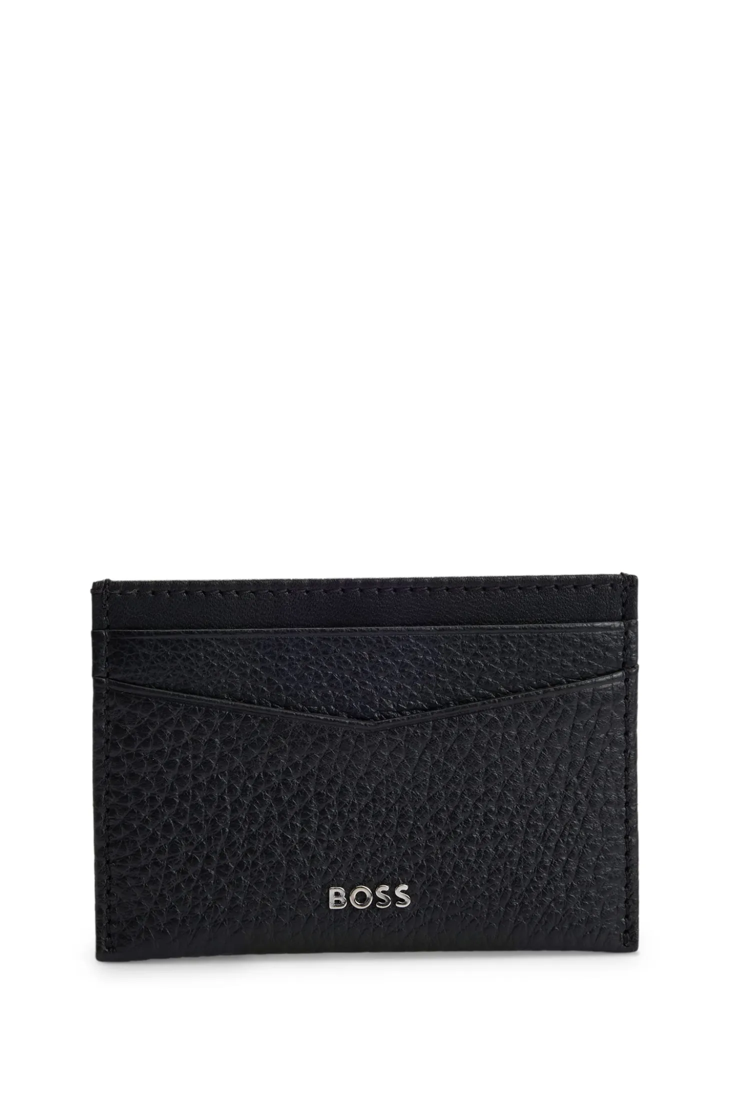 Grained-leather card holder with metal logo