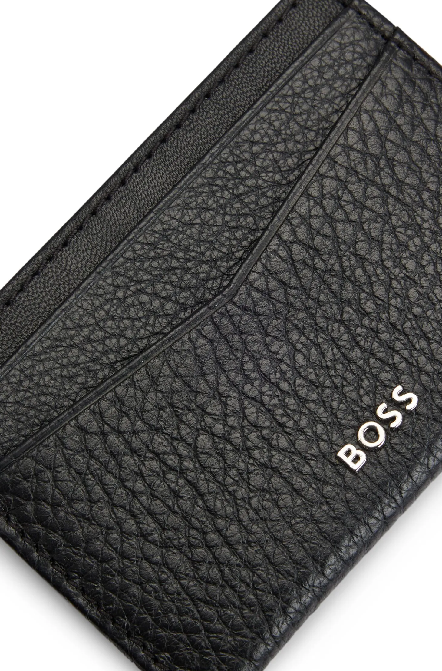 Grained-leather card holder with metal logo