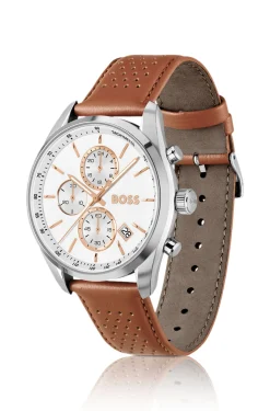 Grand Prix 44 chronograph watch with perforated leather strap