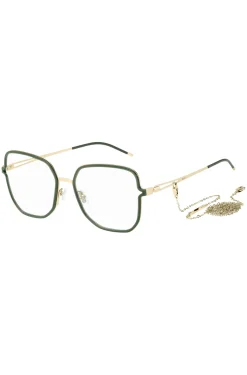Green optical frames with forked temples and branded chain