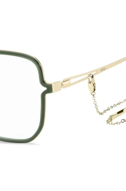 Green optical frames with forked temples and branded chain
