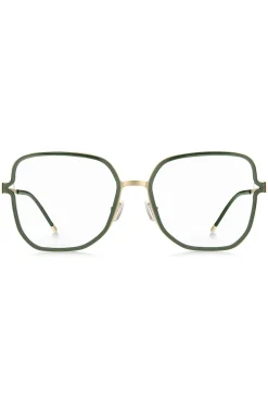 Green optical frames with forked temples and branded chain