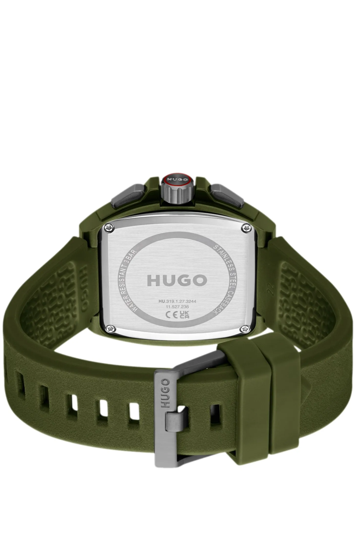 Green skeleton-dial watch with silicone strap